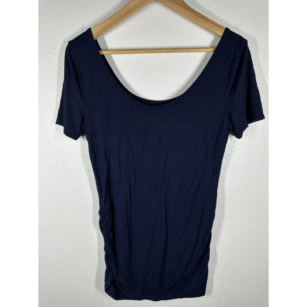 Maurices 24/7 Shirt Womens Small Navy Scoop Neck Ruched Side Stretch Jersey Top - Picture 2 of 6